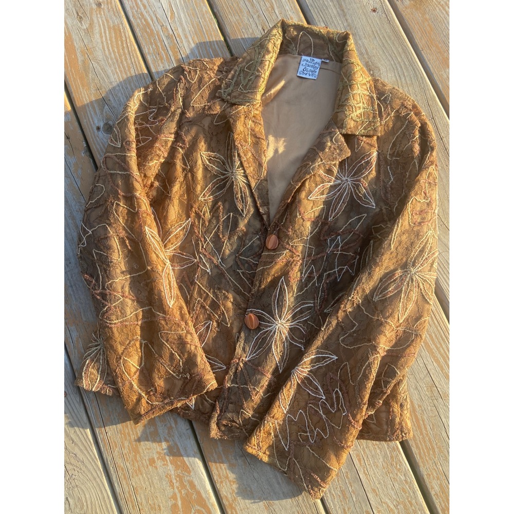 Parsley & Sage Womens Bronze Floral Lace Embroidered Blazer Jacket Brown Gold M